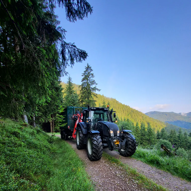 Traktor beim Holztransport im Schwarzwald